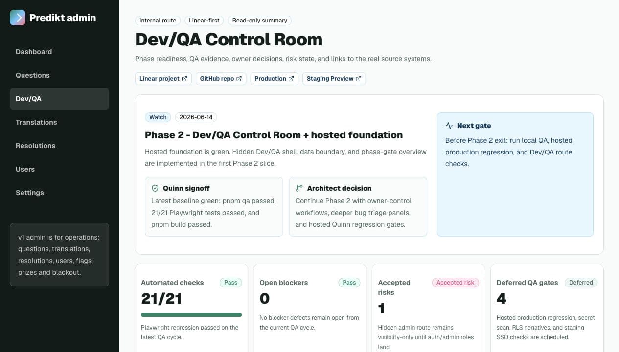 Admin Dev QA control room summary showing phase gate, Quinn signoff, metrics, and source links.